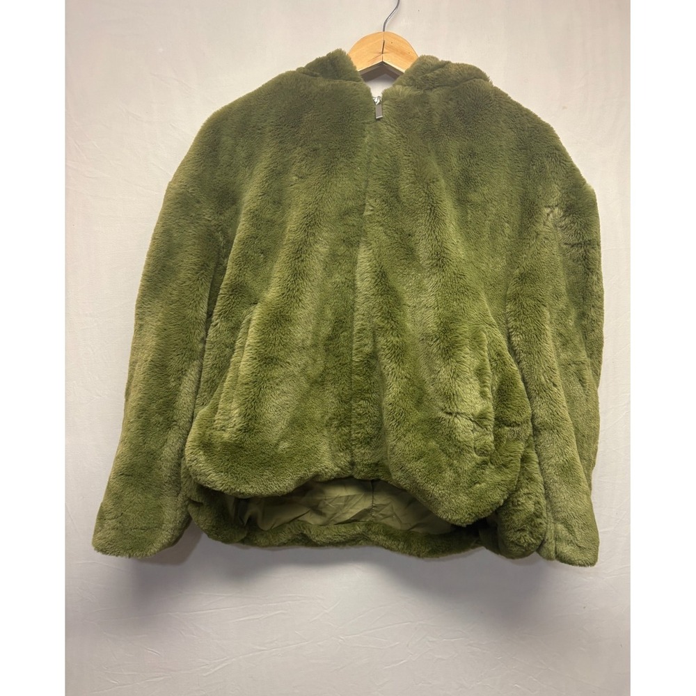 Zara Faux Fur Full Zip Jacket Womens Green Hooded Long‎ Sleeve Pocket Outdoor M